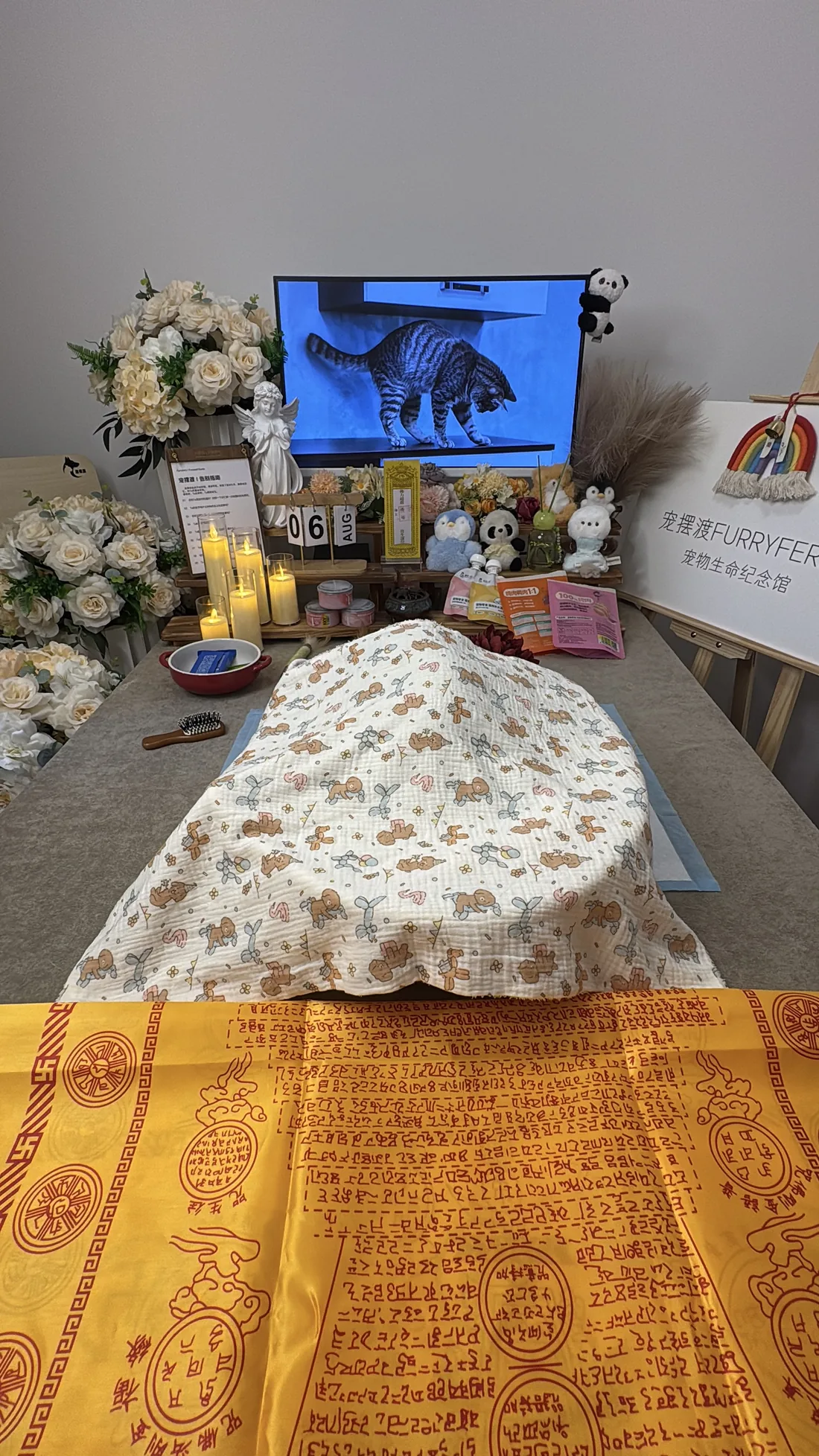 镇江宠物告别仪式中的鲜花与纪念照片